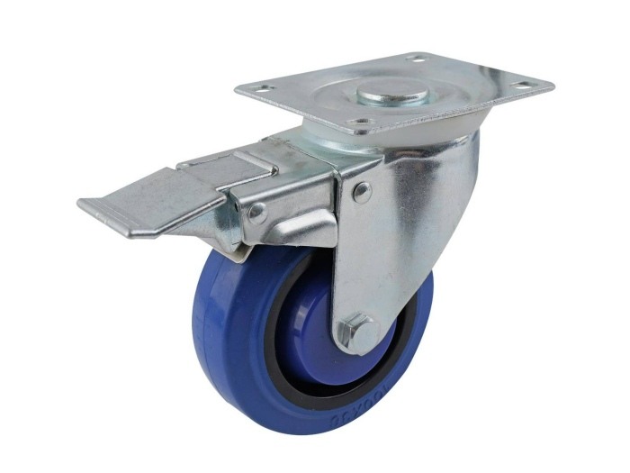 4-Inch Swivel Plate Elastic Blue Rubber Caster with Brake, 265-lb Load Capacity