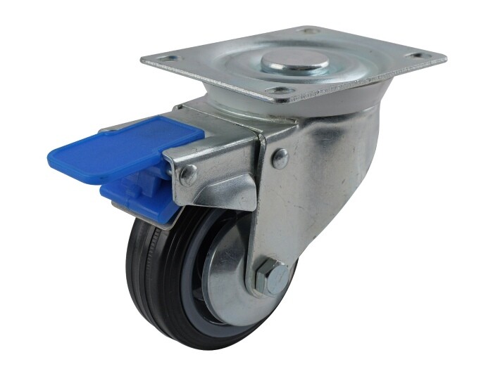 3-Inch Swivel Plate Semi-Elastic Rubber Caster with Total Lock Brake, 130-lb Load Capacity